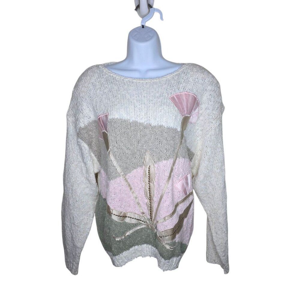 Vintage 1980s Long Sleeve Popcorn Knit Sweater Fan Design Womens Size L White